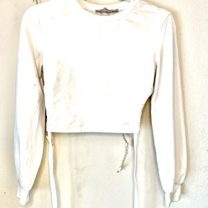 Beige Botany Long Sleeve White Crop Open Back With Tie Around Waist Tassels